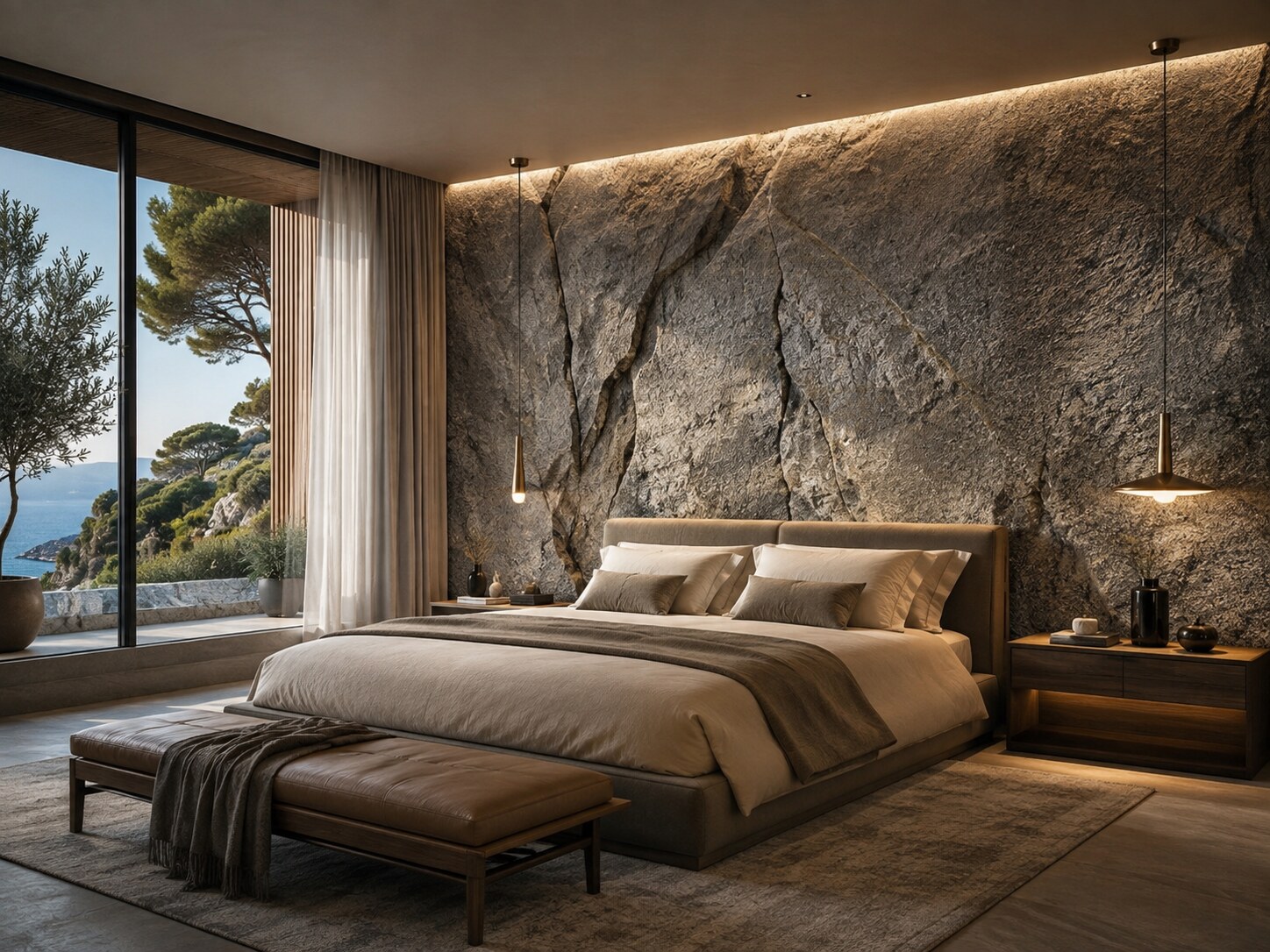 Chambre contemporaine avec un grand mur effet roche granit gris Faille de Lacrouzette, sculpté en masses minérales et failles profondes par Authenti-Stones™