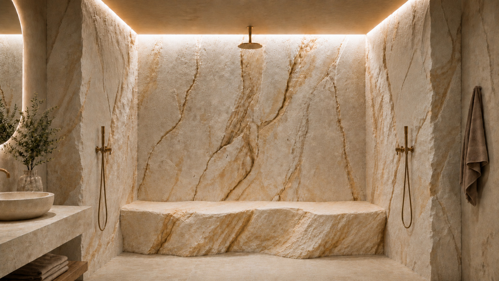Source de Beaumes, décor minéral sculpté dans une douche contemporaine